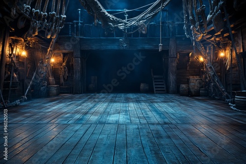 Background of an empty pirate ship deck for a theater stage scene