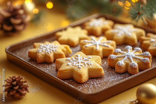 A tray of freshly baked holiday cookies shaped like stars, snowflakes, and reindeer, with a dusting of powdered sugar, set against a pastel yellow background,