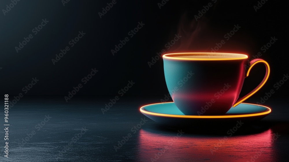 A stylish cup with a vibrant glowing outline, resting on a saucer, emitting steam in a dark, atmospheric setting. A stylish cup with a vibrant glowing outline, resting on a saucer, emitting steam in a dark, atmospheric setting.