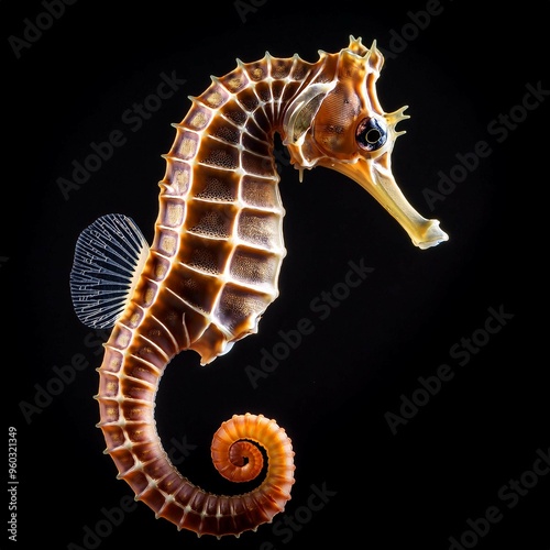 Mediterranean Seahorse hippocampus guttulatus isolated on black background photo