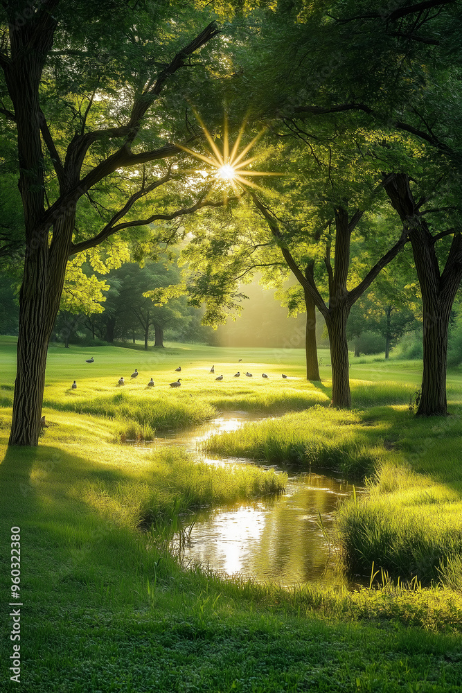 A peaceful landscape with gently rolling grassy hills, a small creek meandering through the center, and tall trees swaying in the breeze of nature 