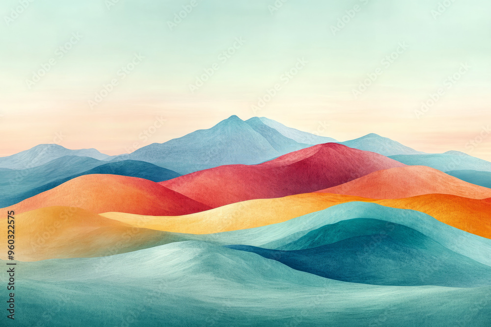 Overlapping dunes with angular shapes in shades of pastel yellow and peach, set against a soft gradient sky of light blue, on a pastel green background, Overlapping dunes with angular shapes in shades of pastel yellow and peach, set against a soft gradient sky of light blue, on a pastel green background,