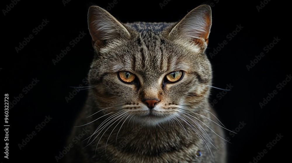 A realistic cat with beautiful eyes facing the camera in a black background. A realistic cat with beautiful eyes facing the camera in a black background.