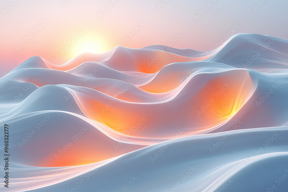 An abstract landscape of dunes with angular ridges in pastel beige and orange, illuminated by a soft glow from a digital sun, set against a pastel blue background, An abstract landscape of dunes with angular ridges in pastel beige and orange, illuminated by a soft glow from a digital sun, set against a pastel blue background,