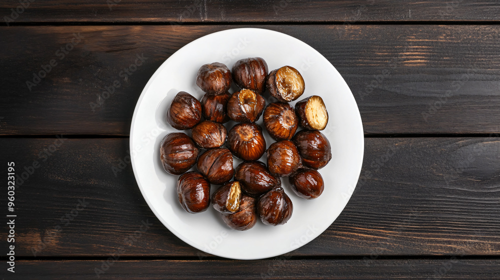Fototapeta premium Delicious roasted chestnuts served on white plate over dark wooden background, top view with copy space