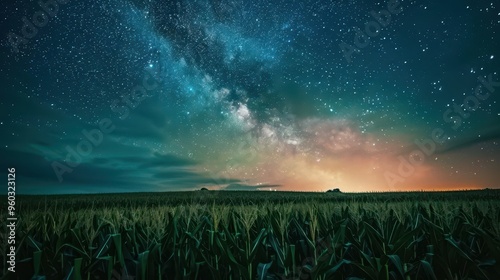 tranquil farm landscape with corn field under a starry night sky long exposure photography