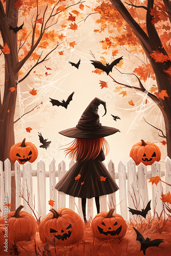 Cute witch in a Halloween-themed yard with pumpkins, autumn leaves, and flying bats photo