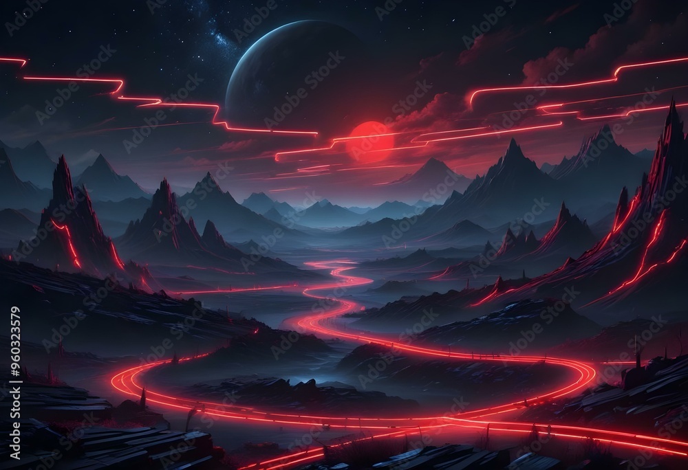 A dark, futuristic landscape with glowing neon red lines and a starry night sky in the background A dark, futuristic landscape with glowing neon red lines and a starry night sky in the background