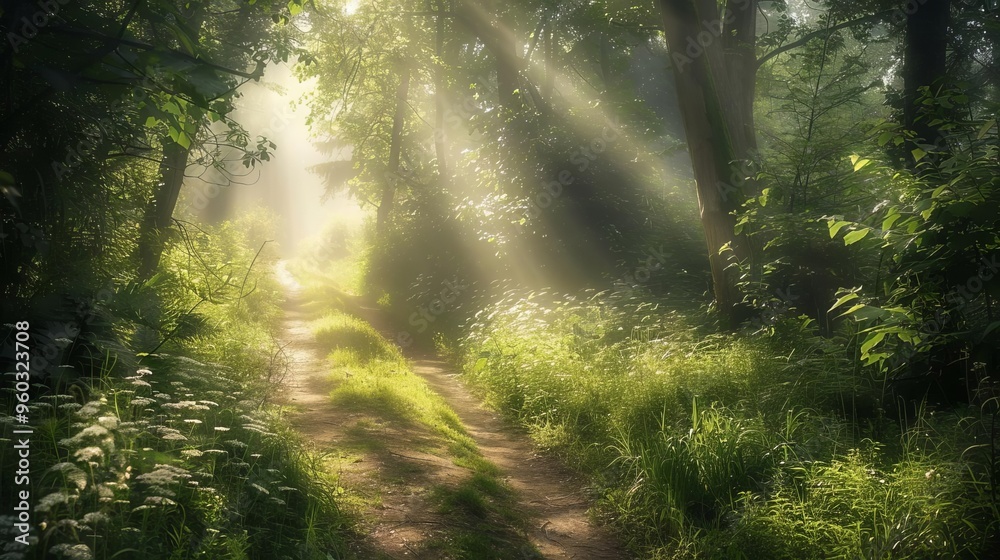 Naklejka premium tranquil forest escape sunlit footpath through lush woodland nature photography