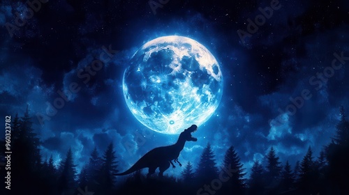 Silhouette of a Tyrannosaurus Rex against a full blue moon in a dark, starry sky.