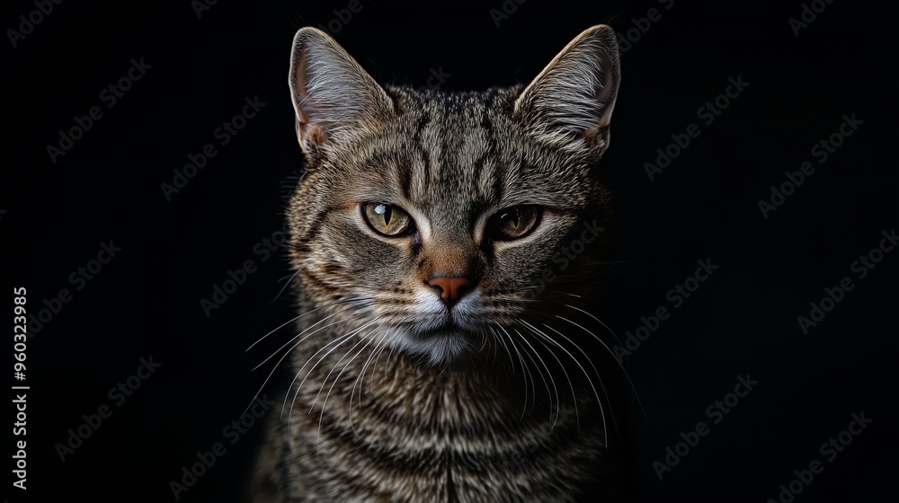 A realistic cat with beautiful eyes facing the camera in a black background. A realistic cat with beautiful eyes facing the camera in a black background.
