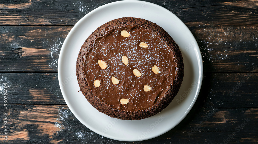 Decadent chocolate cake with chocolate frosting, almonds, and powdered sugar on a white plate resting on a dark wooden table Decadent chocolate cake with chocolate frosting, almonds, and powdered sugar on a white plate resting on a dark wooden table