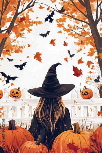 Cute witch in a Halloween-themed yard with pumpkins, autumn leaves, and flying bats photo