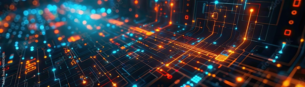 Abstract network illustration with vibrant blue and orange lights representing technology and digital connectivity. Abstract network illustration with vibrant blue and orange lights representing technology and digital connectivity.