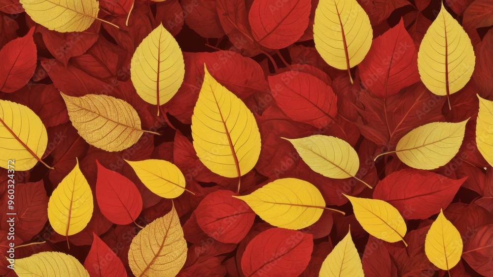 Red and yellow autumn leaves create a vibrant pattern. Red and yellow autumn leaves create a vibrant pattern.