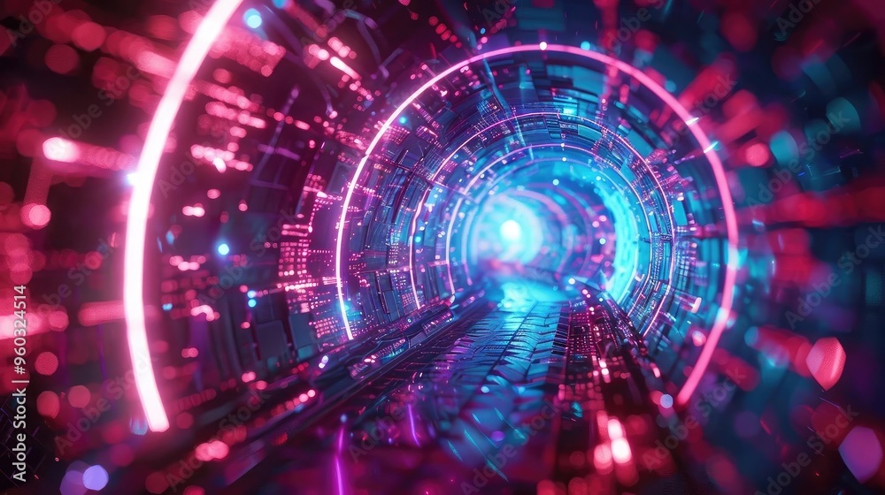 Fototapeta premium A vibrant digital tunnel illuminated with neon colors, creating a futuristic and immersive visual experience.