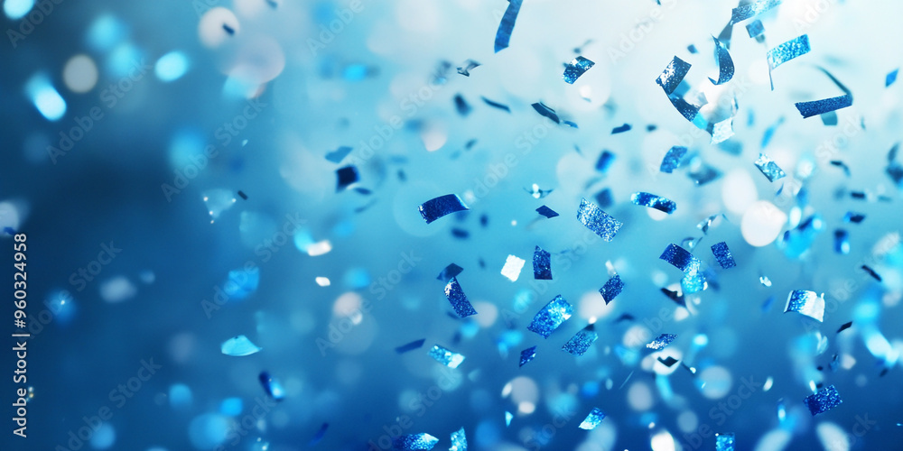 Blue confetti falling on a blue background with bokeh and copy space for design. Blue confetti falling on a blue background with bokeh and copy space for design.