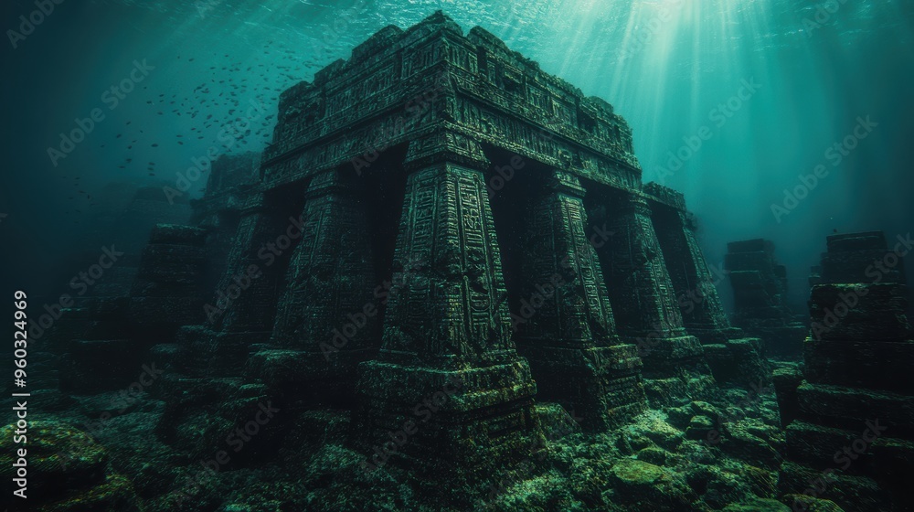 Beneath the ocean's surface, an ancient temple lies in enigmatic underwater ruins, gently illuminated by filtered sunlight and surrounded by a diverse array of marine life. Beneath the ocean's surface, an ancient temple lies in enigmatic underwater ruins, gently illuminated by filtered sunlight and surrounded by a diverse array of marine life.