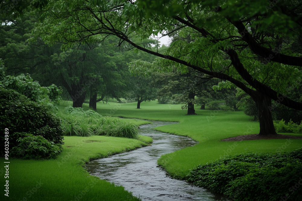 Naklejka premium A peaceful landscape with gently rolling grassy hills, a small creek meandering through the center, and tall trees swaying in the breeze of nature 