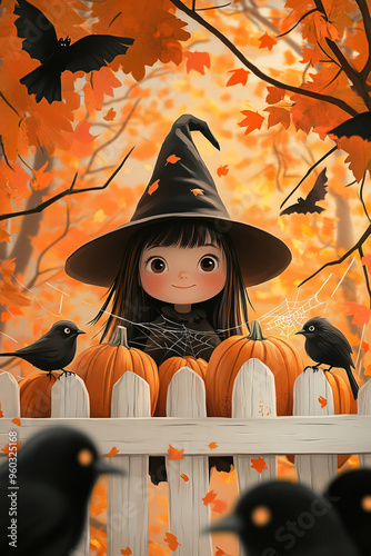 Cute witch in a Halloween-themed yard with pumpkins, autumn leaves, and flying bats photo