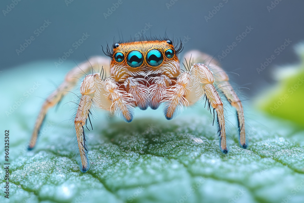 A close-up of a tiny jumping spider on a leaf, its multiple eyes reflecting the light, isolated on a pastel blue background, A close-up of a tiny jumping spider on a leaf, its multiple eyes reflecting the light, isolated on a pastel blue background,