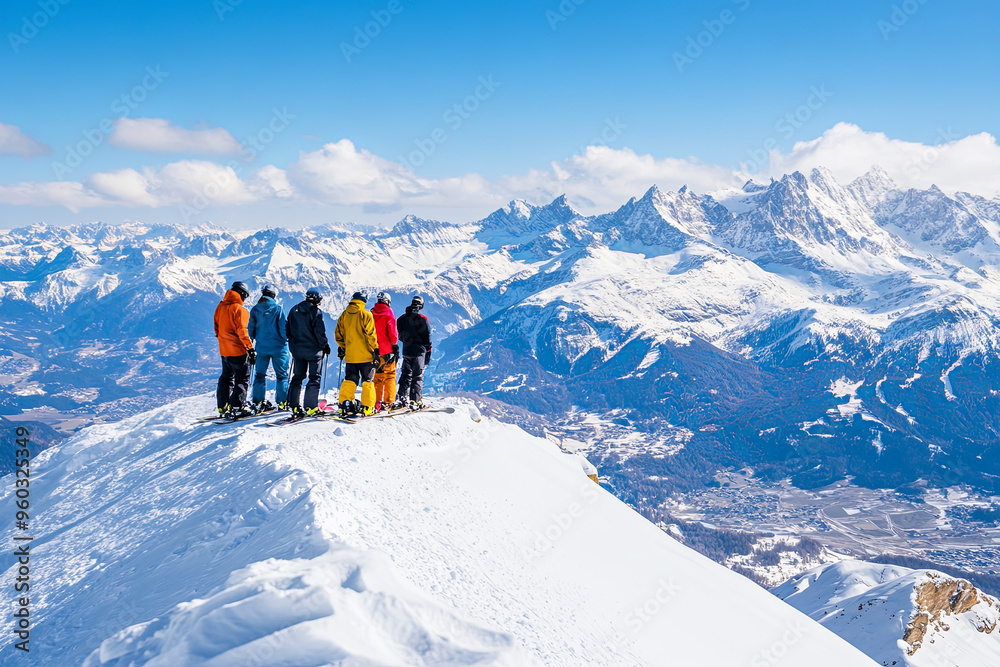 Group of skiers enjoying a panoramic view of snow-covered mountains during a sunny winter day in the Alps Group of skiers enjoying a panoramic view of snow-covered mountains during a sunny winter day in the Alps