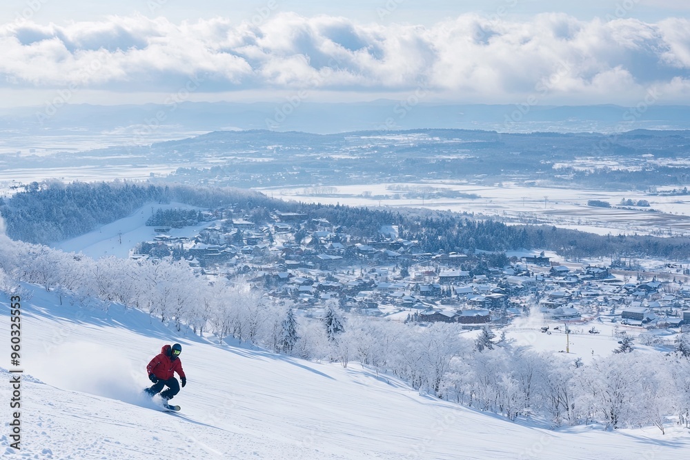 Snowboarder glides down a snowy slope overlooking a picturesque winter village under a blue sky in the mountains Snowboarder glides down a snowy slope overlooking a picturesque winter village under a blue sky in the mountains
