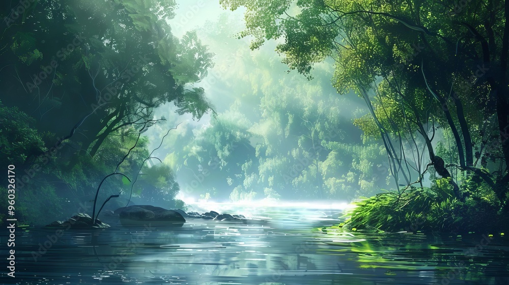 tranquil misty riverbank surrounded by lush green trees serene nature scenery digital painting