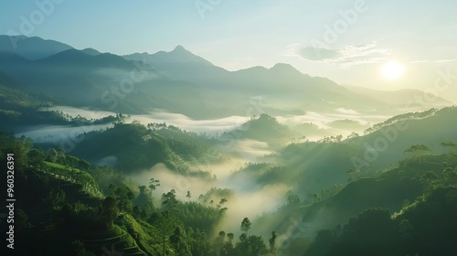 tranquil mountain landscape shrouded in fog serene highlands at daybreak