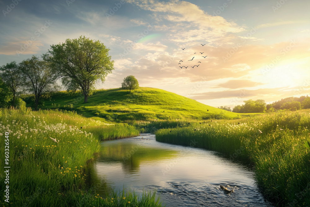 Obraz premium A peaceful landscape with gently rolling grassy hills, a small creek meandering through the center, and tall trees swaying in the breeze of nature 
