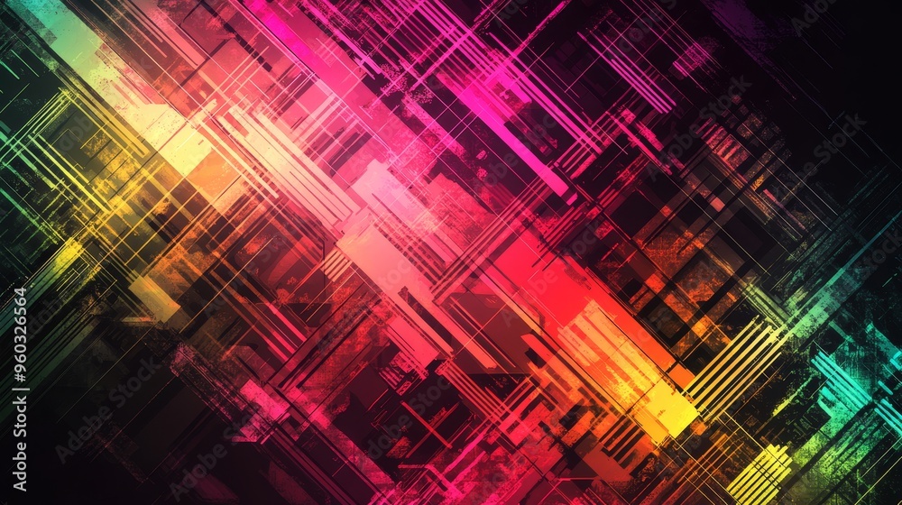 A vibrant abstract design featuring intersecting lines and colorful gradients, ideal for backgrounds or digital art.