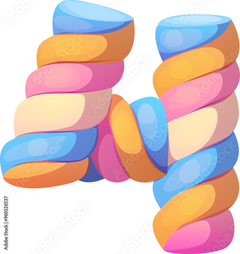 Cartoon number 4 made of twisted multicolored marshmallow candy, confectionery alphabet, sweets typeface, lollypop font, type. Isolated vector numeral 4 symbol for mathematics and arithmetic learning