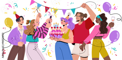 Happy people celebrating birthday party with cake. A group of friends are having fun at a party with confetti and balloons. Flat graphic vector illustration isolated on white background