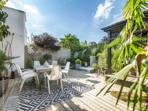 Minimalistic English modern garden with table and chairs. Sunny summers day with green plants and decking on the patio