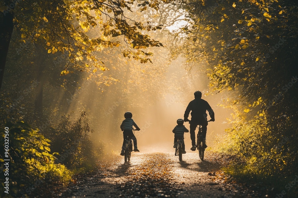 Family cycling in a forest path. Perfect for showcasing themes of family, nature, and outdoor activities. Family cycling in a forest path. Perfect for showcasing themes of family, nature, and outdoor activities.