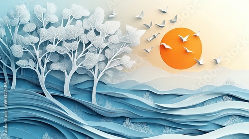 4. A detailed 3D paper cut illustration of a windy day, with swirling paper gusts and trees bending in the wind, all on a solid background photo