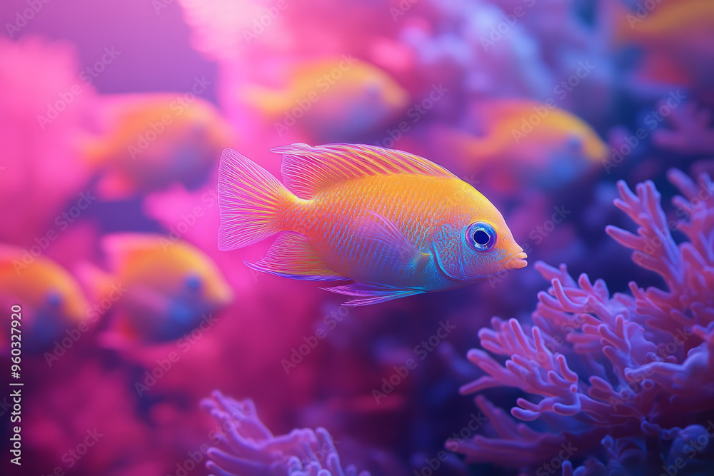 A composition of luminous tropical fish swimming through a glowing, abstract underwater rainforest with coral shapes in neon blue and green, set against a pastel lavender background, A composition of luminous tropical fish swimming through a glowing, abstract underwater rainforest with coral shapes in neon blue and green, set against a pastel lavender background,