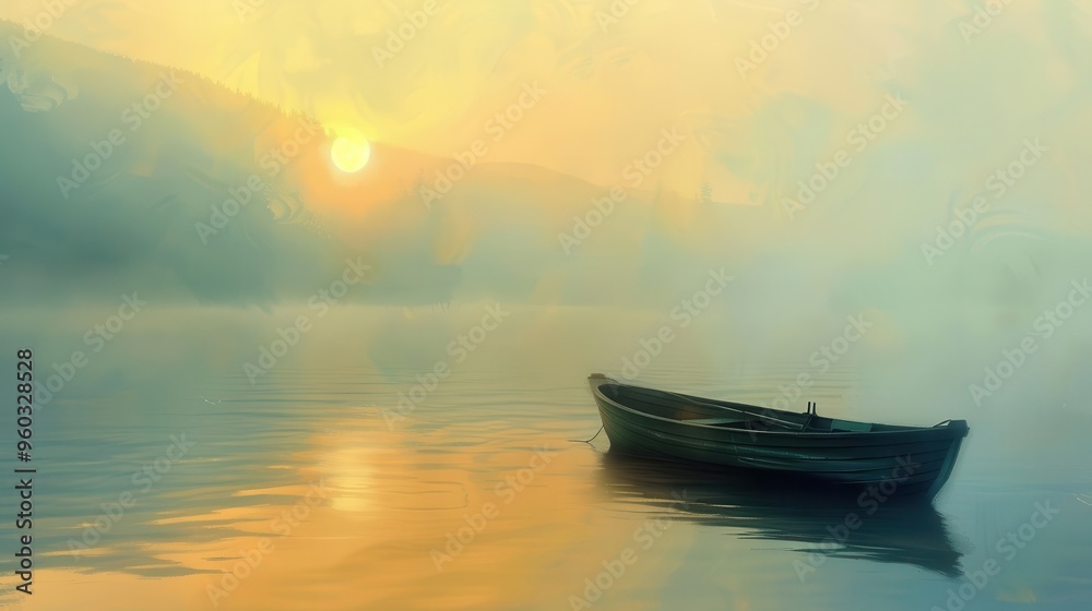 tranquil sunrise reflection solitary rowboat on foggy lake serene landscape digital painting tranquil sunrise reflection solitary rowboat on foggy lake serene landscape digital painting