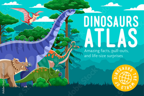 Cartoon prehistoric dinosaur characters for atlas book cover or encyclopedia, vector background. Dino world atlas book cover with funny Jurassic lizards, dino birds and prehistoric dinosaurs in forest