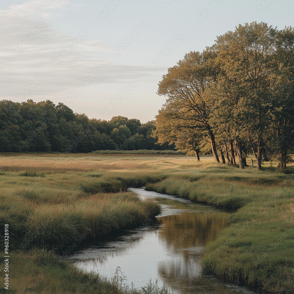 A peaceful landscape with gently rolling grassy hills, a small creek meandering through the center, and tall trees swaying in the breeze of nature A peaceful landscape with gently rolling grassy hills, a small creek meandering through the center, and tall trees swaying in the breeze of nature