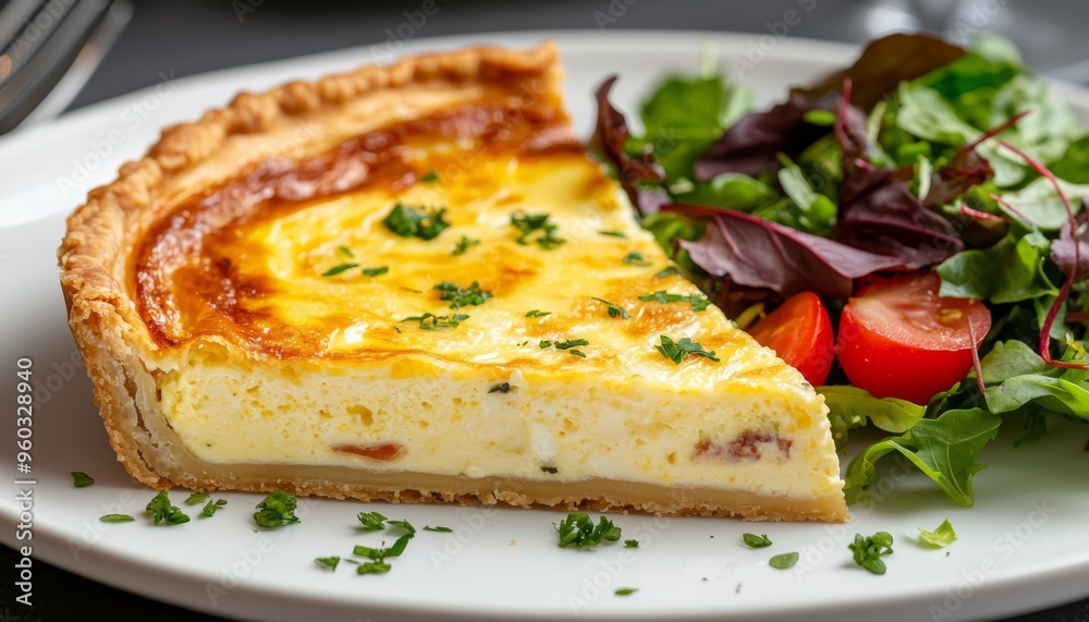 A freshly baked quiche Lorraine with golden, flaky crust and a creamy egg filling, served with a side salad A freshly baked quiche Lorraine with golden, flaky crust and a creamy egg filling, served with a side salad