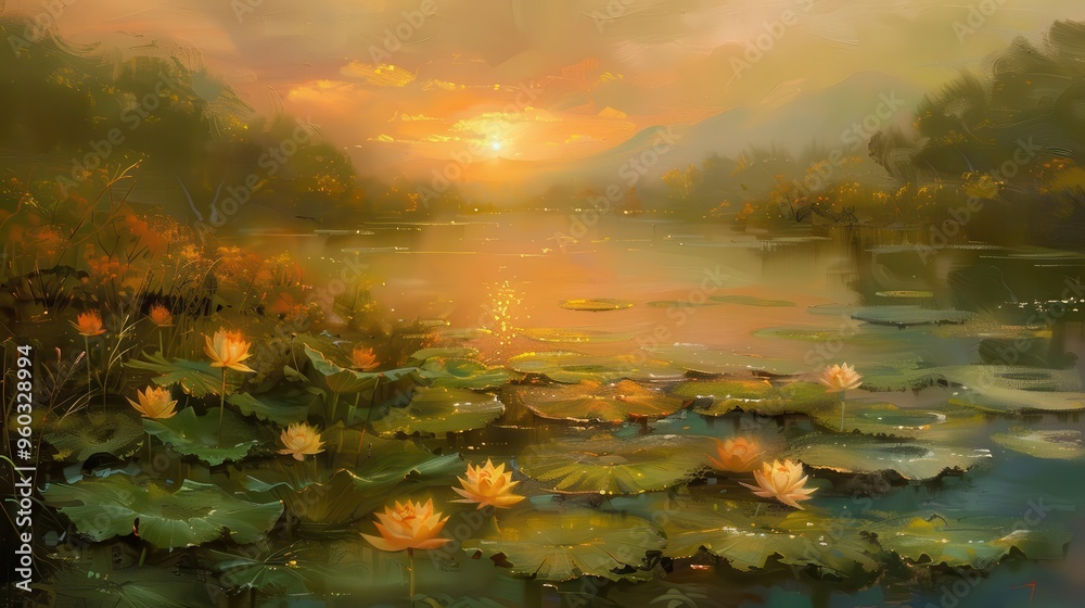 tranquil sunset scene over serene lotus pond golden light bathes water lilies in warm glow impressionistic style evokes peace and harmony with nature tranquil sunset scene over serene lotus pond golden light bathes water lilies in warm glow impressionistic style evokes peace and harmony with nature