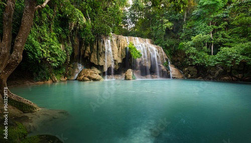 A hidden, serene lagoon surrounded by tropical foliage and cascading waterfalls, creating a stunning and peaceful retreat in nature.