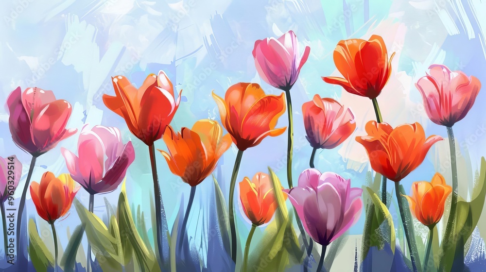 tranquil tulips vibrant blooms against a soothing blue background digital painting tranquil tulips vibrant blooms against a soothing blue background digital painting