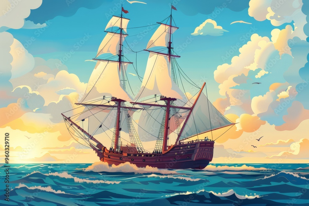 A colorful illustration of a sailing ship at sunset, with warm hues of orange and pink, seagulls, and waves, creating a lively and adventurous scene. A colorful illustration of a sailing ship at sunset, with warm hues of orange and pink, seagulls, and waves, creating a lively and adventurous scene.