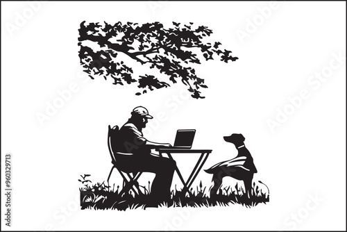 camping Silhouette of a Man Working on Laptop in Nature photo