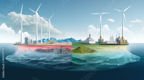 A comparative illustration showing conventional vs. renewable energy sources for marine energy, emphasizing the role of natural gas in the mix of energy options with charts and visual elements. photo