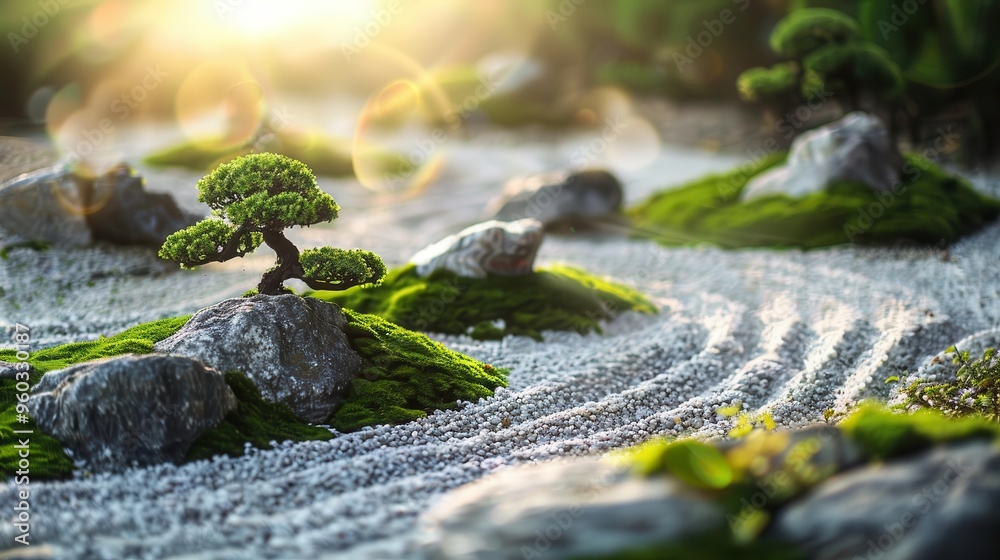 tranquil zen garden with intricate rock patterns winding gravel path lush mosscovered stones and elegant bonsai trees bathed in soft diffused sunlight tranquil zen garden with intricate rock patterns winding gravel path lush mosscovered stones and elegant bonsai trees bathed in soft diffused sunlight
