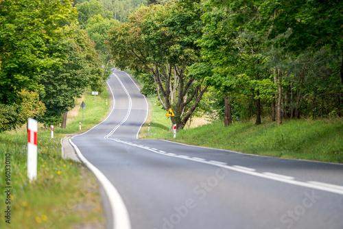 Fototapeta Naklejka Na Ścianę i Meble -  An asphalt road going through a forest in Masuria