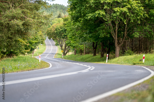 Fototapeta Naklejka Na Ścianę i Meble -  An asphalt road going through a forest in Masuria